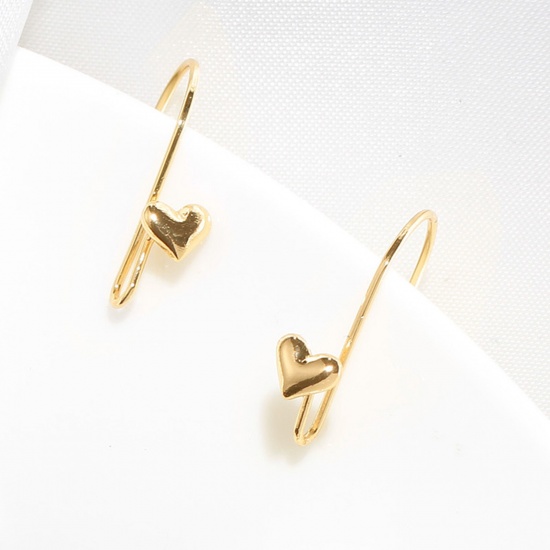 Picture of Brass Valentine's Day Ear Wire Hooks Earring Real Gold Plated Heart 24mm x 22mm, Post/ Wire Size: (20 gauge), 4 PCs                                                                                                                                           