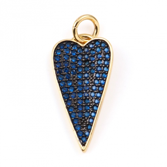 Bild von Messing Micro Pave Charms Vergoldet Herz Dunkelblau Strassstein 29mm x 13mm, 1 Stück                                                                                                                                                                          