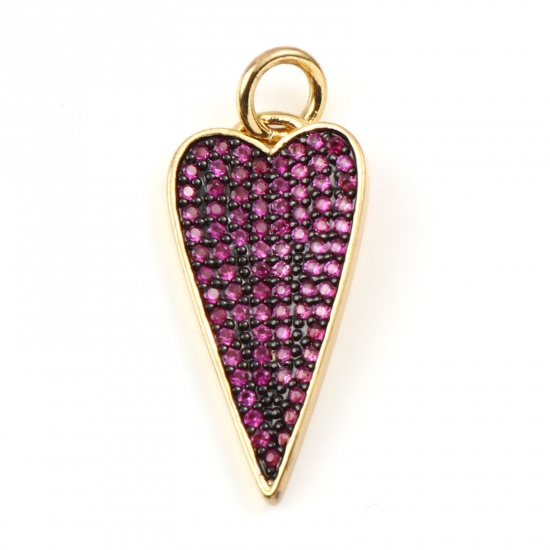 Bild von Messing Micro Pave Charms Vergoldet Herz Amethyst Strassstein 29mm x 13mm, 1 Stück                                                                                                                                                                            