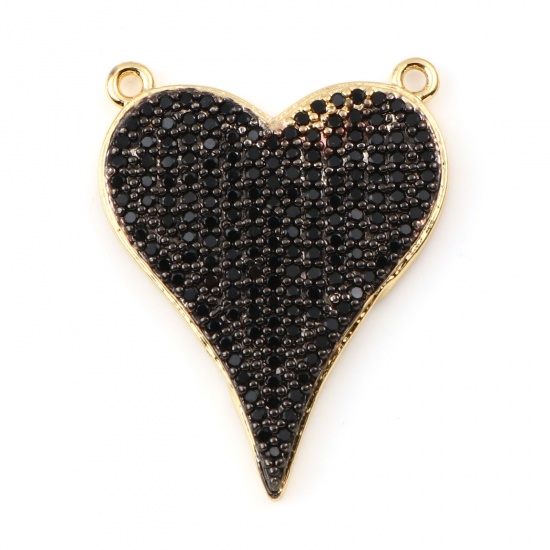 Picture of Brass Valentine's Day Connectors Gold Plated Heart Black Rhinestone 26mm x 20mm, 1 Piece                                                                                                                                                                      