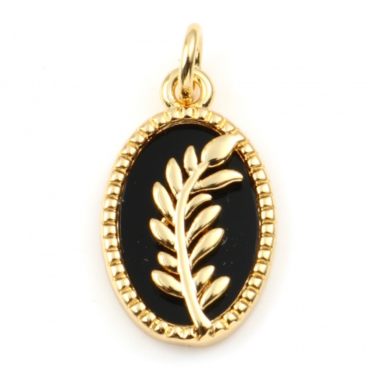 Picture of Brass & Synthetic Stone Charms Gold Plated Black Oval Leaf 21mm x 11mm, 1 Piece                                                                                                                                                                               