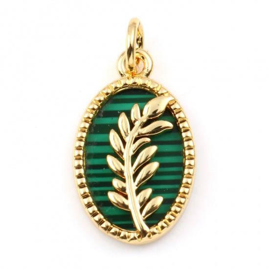 Picture of Brass & Malachite Charms Gold Plated Green Oval Leaf 21mm x 11mm, 1 Piece                                                                                                                                                                                     