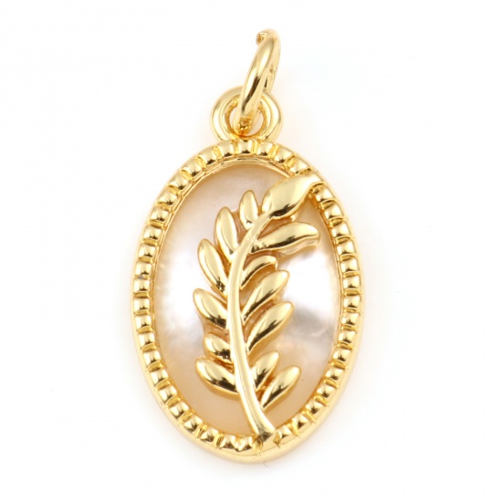 Picture of Brass & Shell Charms Gold Plated White Oval Leaf 21mm x 11mm, 1 Piece                                                                                                                                                                                         
