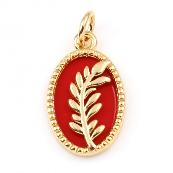 Picture of Brass & Synthetic Stone Charms Gold Plated Red Oval Leaf 21mm x 11mm, 1 Piece                                                                                                                                                                                 