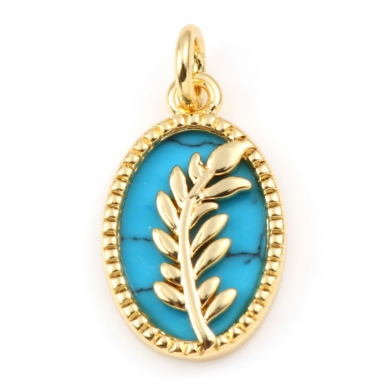 Picture of Brass & Turquoise Charms Gold Plated Blue Oval Leaf 21mm x 11mm, 1 Piece                                                                                                                                                                                      