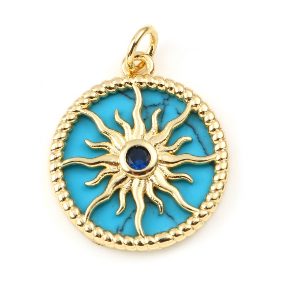 Picture of Brass & Turquoise Galaxy Charms Gold Plated Blue Round Sun Dark Blue Rhinestone 23mm x 18mm, 1 Piece                                                                                                                                                          