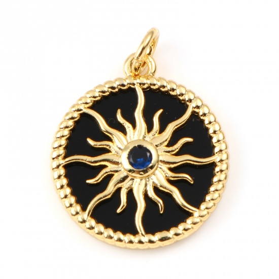 Picture of Brass & Synthetic Stone Galaxy Charms Gold Plated Black Round Sun Dark Blue Rhinestone 23mm x 18mm, 1 Piece                                                                                                                                                   