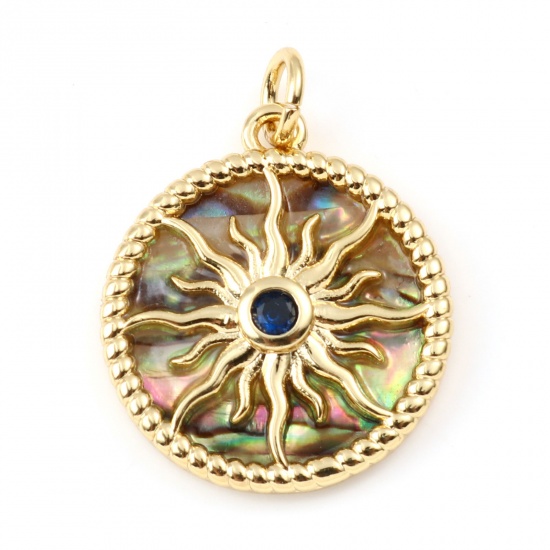 Picture of Brass & Shell Galaxy Charms Gold Plated Round Sun Dark Blue Rhinestone 23mm x 18mm, 1 Piece                                                                                                                                                                   