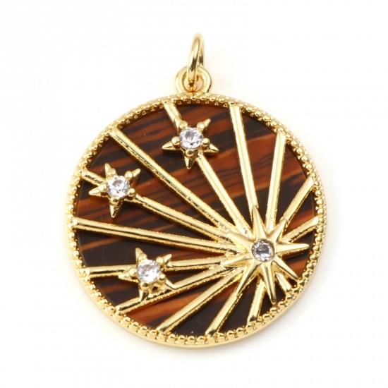 Picture of Brass & Tiger's Eyes Galaxy Charms Gold Plated Brown Round Star Clear Rhinestone 28mm x 22mm, 1 Piece                                                                                                                                                         