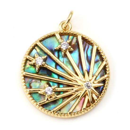 Picture of Brass & Shell Galaxy Charms Gold Plated Multicolor Round Star Clear Rhinestone 28mm x 22mm, 1 Piece                                                                                                                                                           