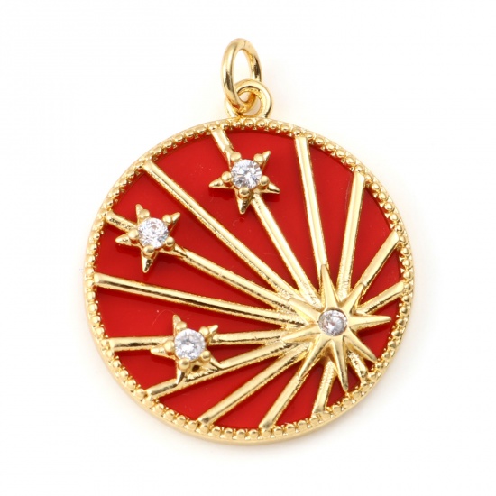 Picture of Brass & Synthetic Stone Galaxy Charms Gold Plated Red Round Star Clear Rhinestone 28mm x 22mm, 1 Piece                                                                                                                                                        