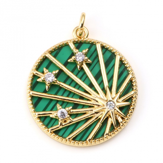Picture of Brass & Malachite Galaxy Charms Gold Plated Green Round Star Clear Rhinestone 28mm x 22mm, 1 Piece                                                                                                                                                            