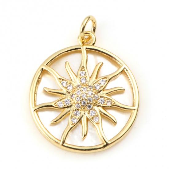Picture of Brass & Shell Galaxy Charms Gold Plated White Round Sun Clear Rhinestone 25mm x 19mm, 1 Piece                                                                                                                                                                 