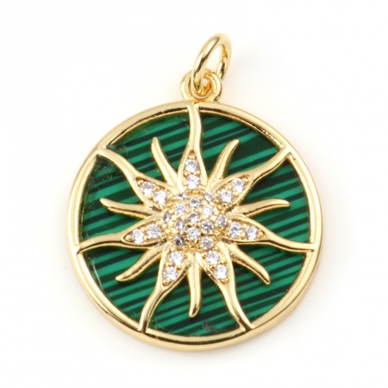 Picture of Brass & Malachite Galaxy Charms Gold Plated Green Round Sun Clear Rhinestone 25mm x 19mm, 1 Piece                                                                                                                                                             