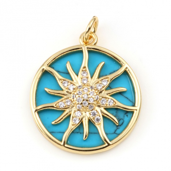 Picture of Brass & Turquoise Galaxy Charms Gold Plated Blue Round Sun Clear Rhinestone 25mm x 19mm, 1 Piece                                                                                                                                                              