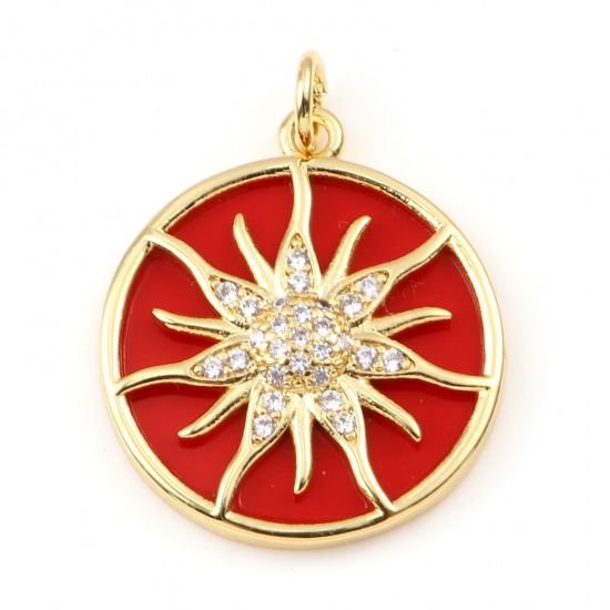 Picture of Brass & Synthetic Stone Galaxy Charms Gold Plated Red Round Sun Clear Rhinestone 25mm x 19mm, 1 Piece                                                                                                                                                         