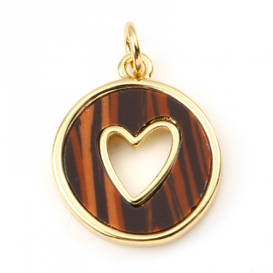 Picture of Brass & Tiger's Eyes Valentine's Day Charms Gold Plated Brown Round Heart Hollow 21mm x 15mm, 1 Piece                                                                                                                                                         