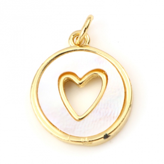 Picture of Brass & Shell Valentine's Day Charms Gold Plated White Round Heart Hollow 21mm x 15mm, 1 Piece                                                                                                                                                                
