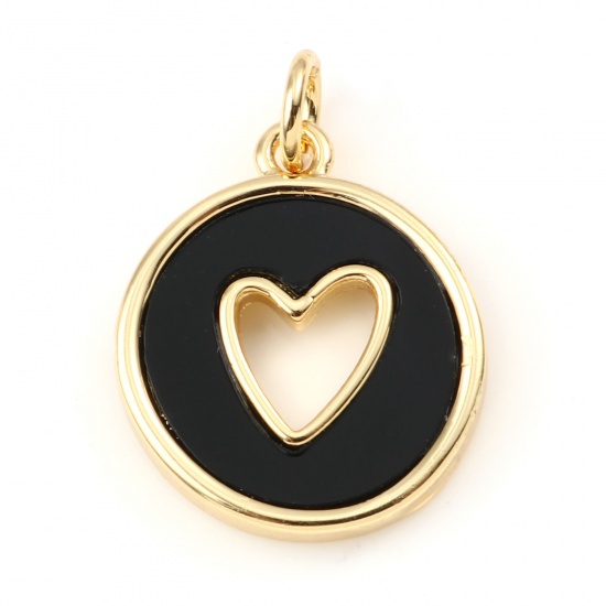 Picture of Brass & Synthetic Stone Valentine's Day Charms Gold Plated Black Round Heart Hollow 21mm x 15mm, 1 Piece                                                                                                                                                      