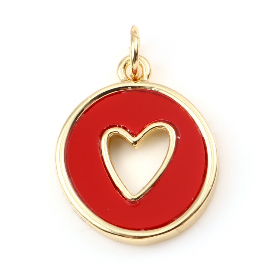 Picture of Brass & Synthetic Stone Valentine's Day Charms Gold Plated Red Round Heart Hollow 21mm x 15mm, 1 Piece                                                                                                                                                        