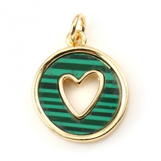 Picture of Brass & Malachite Valentine's Day Charms Gold Plated Green Round Heart Hollow 21mm x 15mm, 1 Piece                                                                                                                                                            