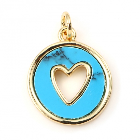 Picture of Brass & Turquoise Valentine's Day Charms Gold Plated Blue Round Heart Hollow 21mm x 15mm, 1 Piece                                                                                                                                                             