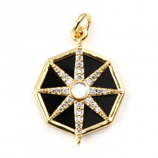 Picture of Brass & Synthetic Stone Galaxy Charms Gold Plated Black Octagon Star Clear Rhinestone 28mm x 18mm, 1 Piece                                                                                                                                                    