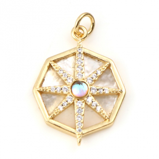 Picture of Brass & Shell Galaxy Charms Gold Plated White Octagon Star Clear Rhinestone 28mm x 18mm, 1 Piece                                                                                                                                                              