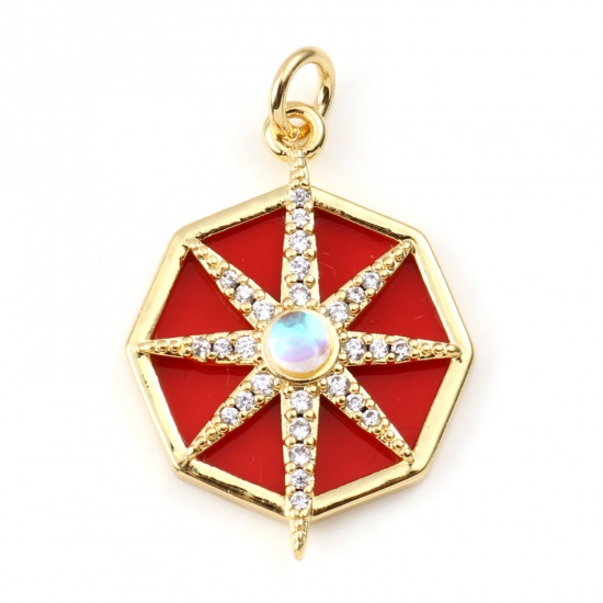 Picture of Brass & Synthetic Stone Galaxy Charms Gold Plated Red Octagon Star Clear Rhinestone 28mm x 18mm, 1 Piece                                                                                                                                                      