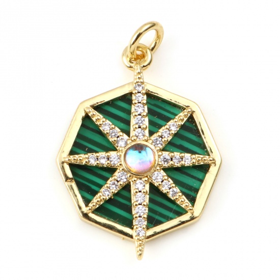 Picture of Brass & Malachite Galaxy Charms Gold Plated Green Octagon Star Clear Rhinestone 28mm x 18mm, 1 Piece                                                                                                                                                          