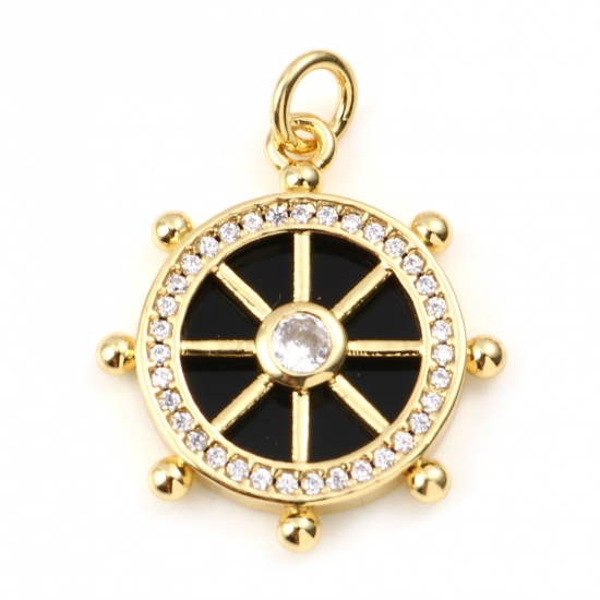 Picture of Brass & Synthetic Stone Micro Pave Charms Gold Plated Black Round Ship Helm Clear Rhinestone 24mm x 19mm, 1 Piece                                                                                                                                             
