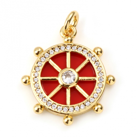 Picture of Brass & Synthetic Stone Micro Pave Charms Gold Plated Red Round Ship Helm Clear Rhinestone 24mm x 19mm, 1 Piece                                                                                                                                               