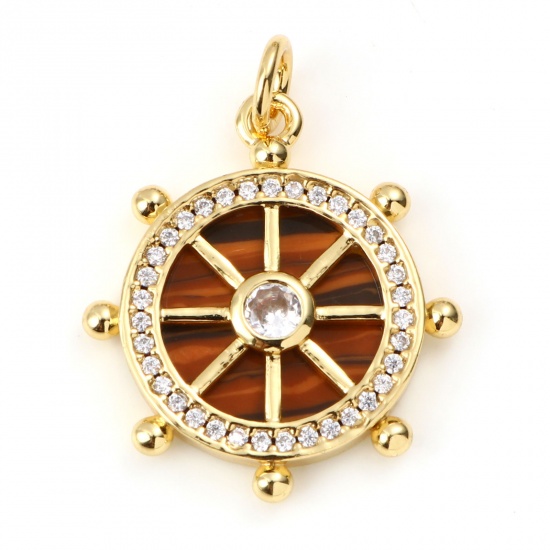 Picture of Brass & Tiger's Eyes Micro Pave Charms Gold Plated Brown Round Ship Helm Clear Rhinestone 24mm x 19mm, 1 Piece                                                                                                                                                