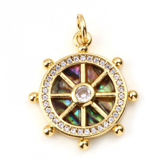 Picture of Brass & Shell Micro Pave Charms Gold Plated Multicolor Round Ship Helm Clear Rhinestone 24mm x 19mm, 1 Piece                                                                                                                                                  