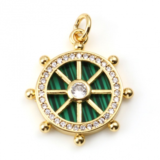 Picture of Brass & Malachite Micro Pave Charms Gold Plated Green Round Ship Helm Clear Rhinestone 24mm x 19mm, 1 Piece                                                                                                                                                   