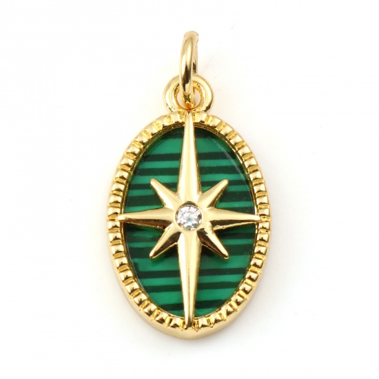 Immagine di Ottone & Malachite Galassia Charms Oro Placcato Verde Ovale Stella Trasparente Strass 21mm x 11mm, 1 Pz                                                                                                                                                       