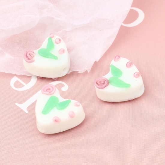 Picture of Lampwork Glass Valentine's Day Beads Heart White Leaf About 16mm x 14mm, Hole: Approx 1.5mm, 2 PCs