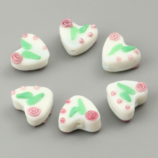 Picture of Lampwork Glass Valentine's Day Beads Heart White Leaf About 16mm x 14mm, Hole: Approx 1.5mm, 2 PCs