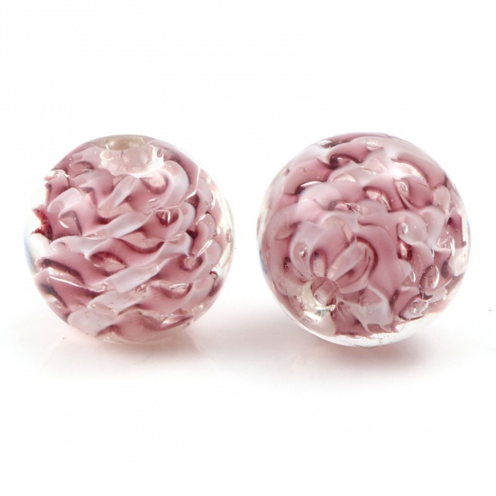 Picture of Lampwork Glass Beads Round Pale Pinkish Gray Wave About 12mm Dia, Hole: Approx 1.5mm, 2 PCs