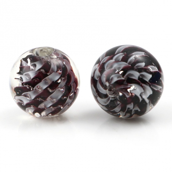 Picture of Lampwork Glass Beads Round Black Wave About 12mm Dia, Hole: Approx 1.5mm, 2 PCs