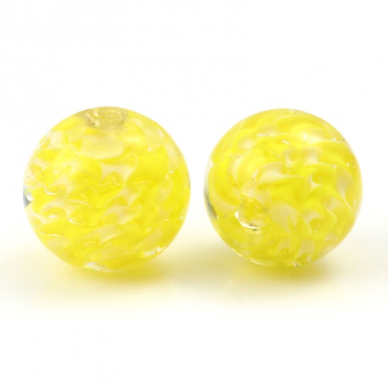 Picture of Lampwork Glass Beads Round Yellow Wave About 12mm Dia, Hole: Approx 1.5mm, 2 PCs