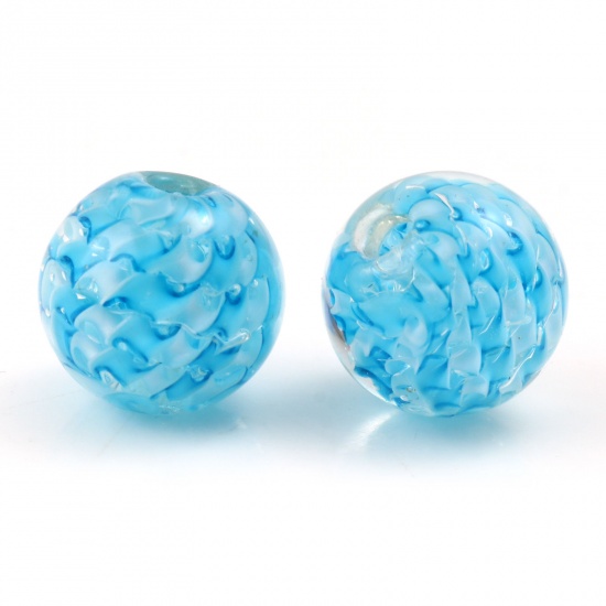 Picture of Lampwork Glass Beads Round Skyblue Wave About 12mm Dia, Hole: Approx 1.5mm, 2 PCs