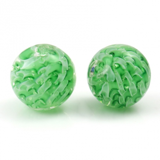 Picture of Lampwork Glass Beads Round Green Wave About 12mm Dia, Hole: Approx 1.5mm, 2 PCs