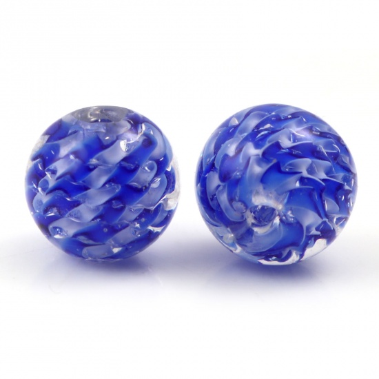 Picture of Lampwork Glass Beads Round Royal Blue Wave About 12mm Dia, Hole: Approx 1.5mm, 2 PCs