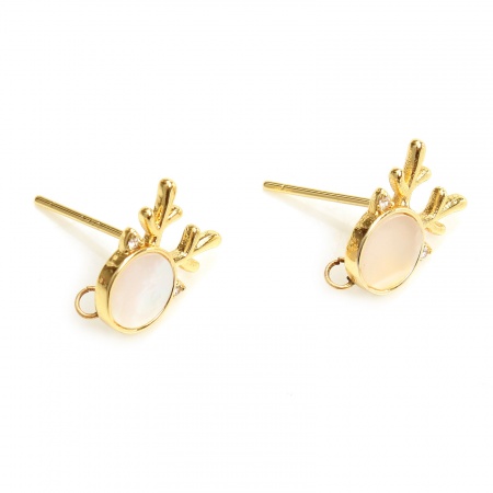 Shell & Brass Christmas Ear Post Stud Earrings Real Gold Plated Antler W/ Loop 11mm x 9mm, Post/ Wire Size: (21 gauge), 2 PCs