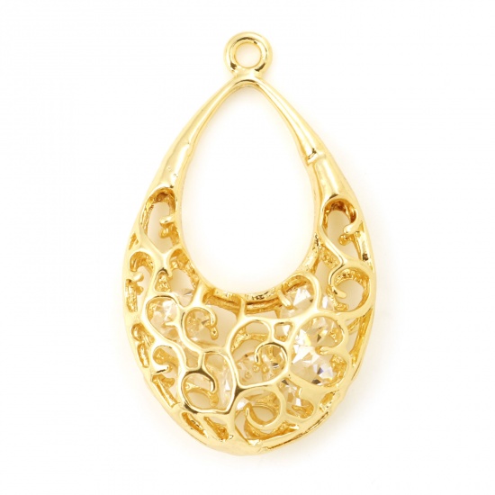 Picture of Brass Pendants Drop Real Gold Plated Filigree Clear Rhinestone 3.2cm x 1.9cm, 2 PCs                                                                                                                                                                           