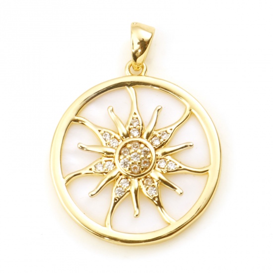 Imagen de 1 Unidad Latón Galaxia Colgantes Charms Ronda Oro Real Chapado Blanco Sol Micro Pave Claro Circón Artificial 27mm x 20mm