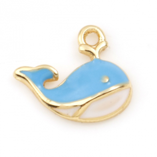 Picture of Brass Ocean Jewelry Charms Whale Animal Real Gold Plated Blue Enamel 11mm x 8mm, 2 PCs                                                                                                                                                                        
