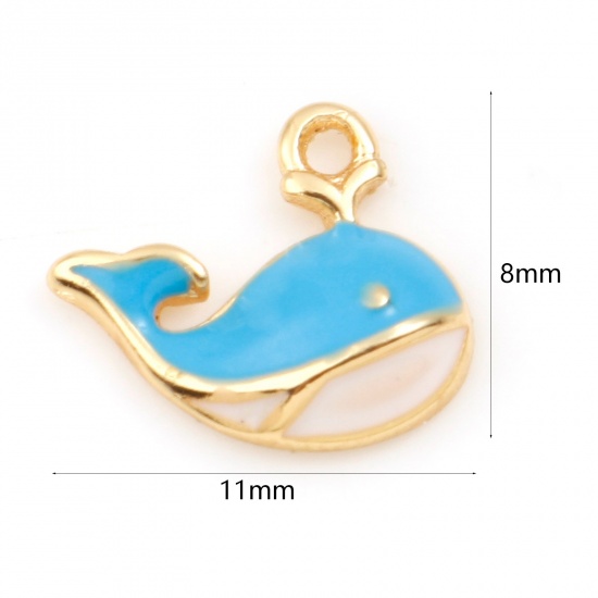 Picture of Brass Ocean Jewelry Charms Whale Animal Real Gold Plated Blue Enamel 11mm x 8mm, 2 PCs