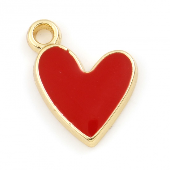Picture of Brass Valentine's Day Charms Heart Real Gold Plated Red Enamel 12mm x 10mm, 2 PCs                                                                                                                                                                             